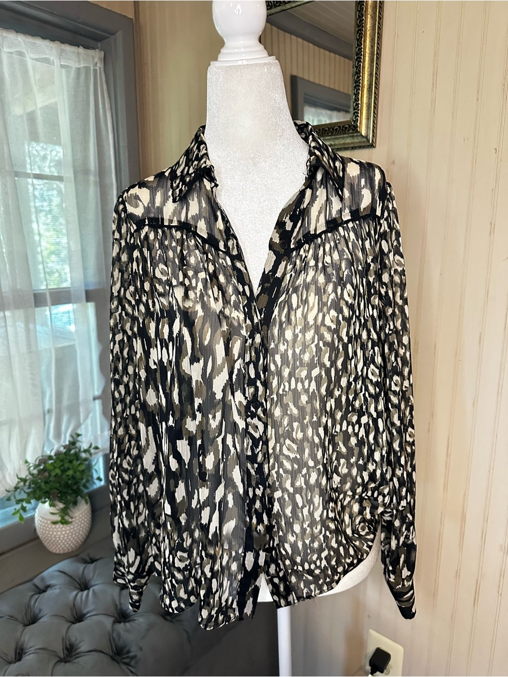 Zara Sheer Animal Print Blouse Size S Black Brown Flowy Button Down Top